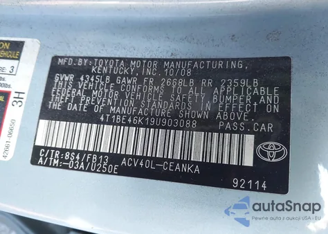 2009 Toyota Camry Le from USA, damaged, VIN 4T1BE46K19U903088